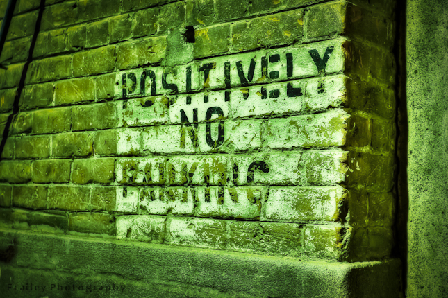 Brick wall lit by green light