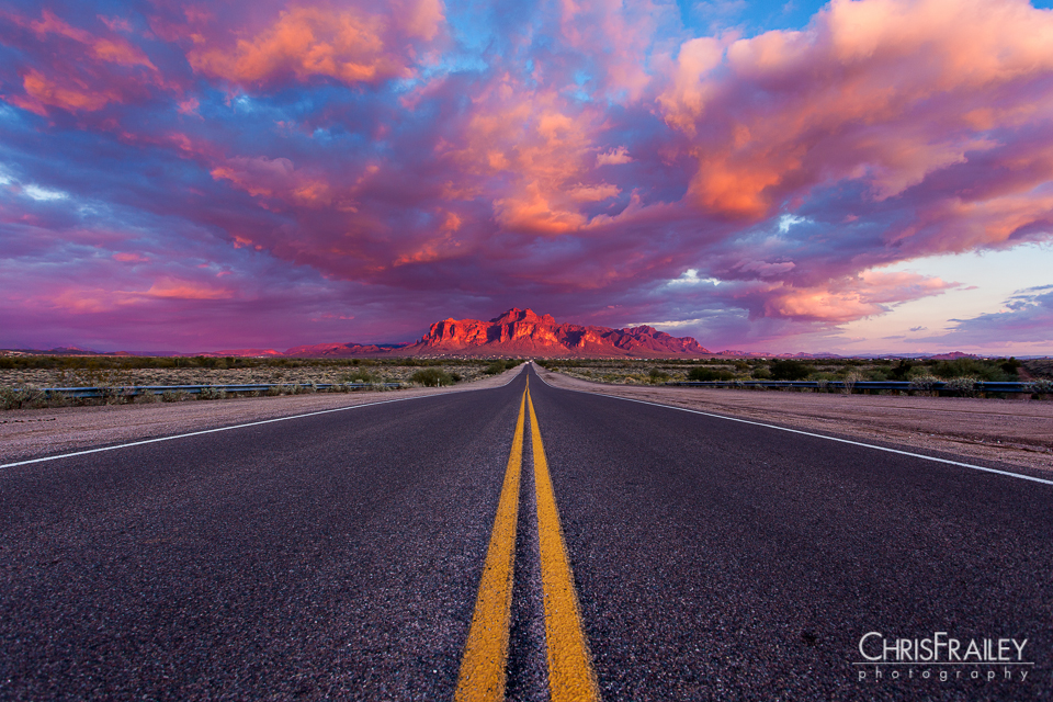Lost Dutchman Boulevard stretches out and leads to the Superstition Mountains.