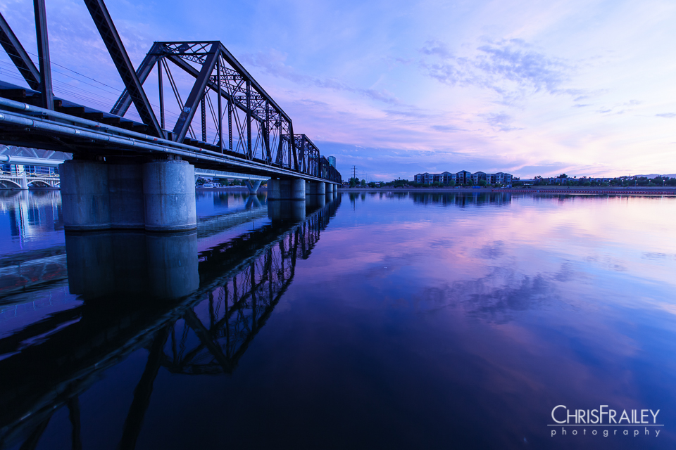 Purple sunset Tempe Town Lake train bridge